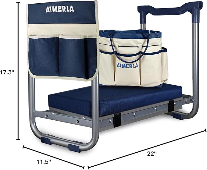 Aimerla K5 Foldable Kneeler Seat - Heavy Duty (Detachable Cloud Kneeler Pad) - Garden Stool - 2 Large Tool Bags - Portable Bench for Indoor & Outdoor