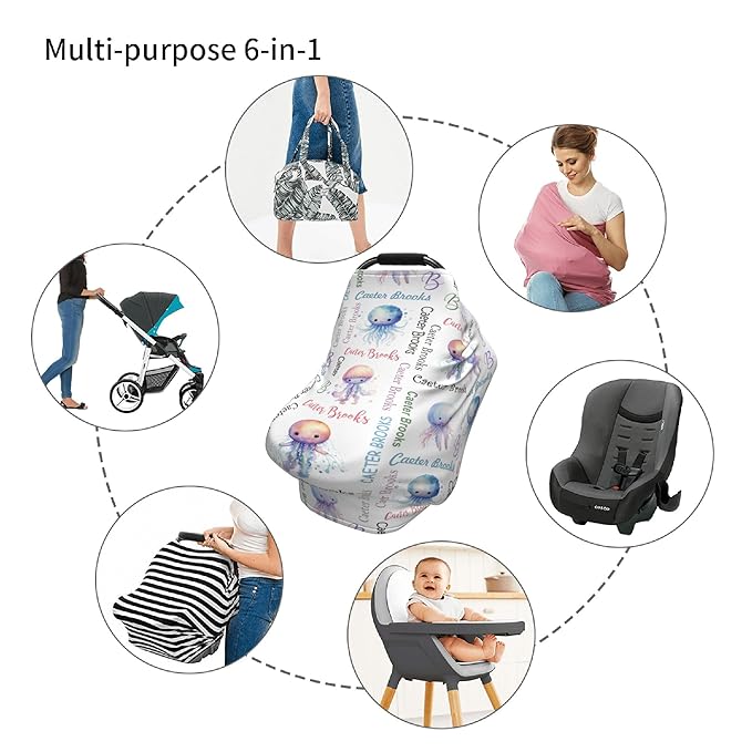 Personalized Baby Car Seat Cover with Name Stroller Canopy Custom Jellyfish Carseat Cover Newborn Baby Boy Girl Nursing Cover for Moms First Birthday Gift