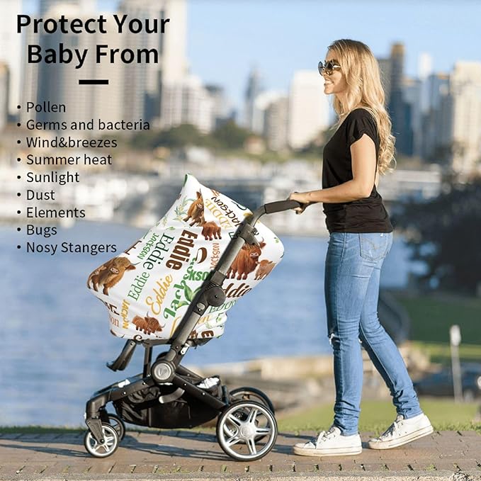 Personalized Baby Car Seat Cover for Boys Girls, Custom High Land Cow Nursing Covers for Breastfeeding with Name, Infant Stroller Cover, Baby Carseat Canopy for Newborn, Multiuse Car Seat Canopies