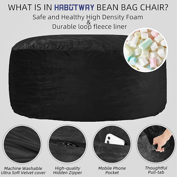 HABUTWAY Bean Bag Chair: Giant 5' Memory Foam Furniture Bean Bag Chairs for Adults with Microfiber Cover 5Ft (Black)