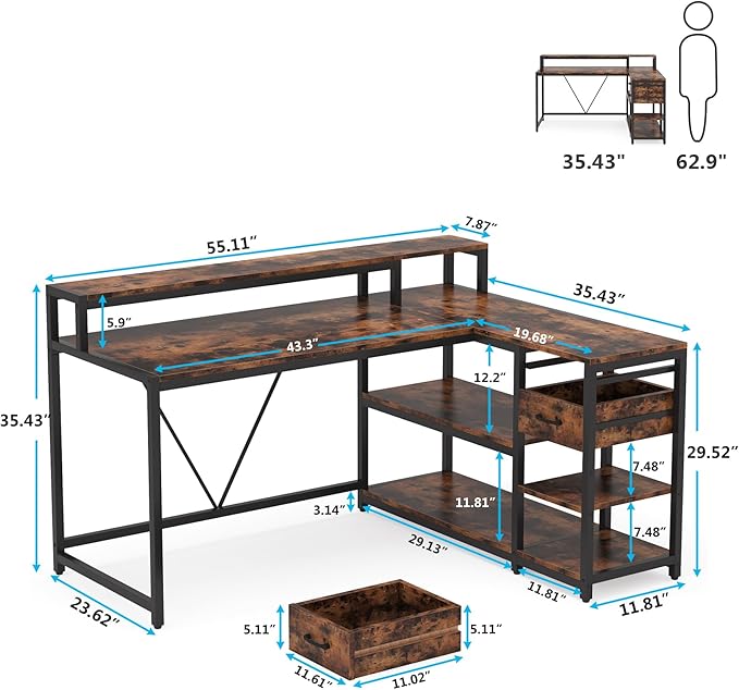 Tribesigns Reversible L Shaped Desk with Drawer, Brown Corner Desk with Storage Shelves and Monitor Stand, Writing Table for for Small Space (Rustic)