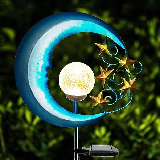 Stars Moon Solar Lights Outdoor - Solar Powered Garden Lights Decorative Crackle Glass Globe Led Waterproof Landscape Lighting for Pathway,Yard,Lawn,Patio