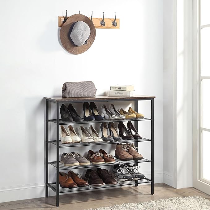 5-Tier Shoe Rack Organizer, Metal Mesh Shoe Storage Shelf, for Entryway, Hallway, Closet, Dorm Room, Industrial, Rustic Brown