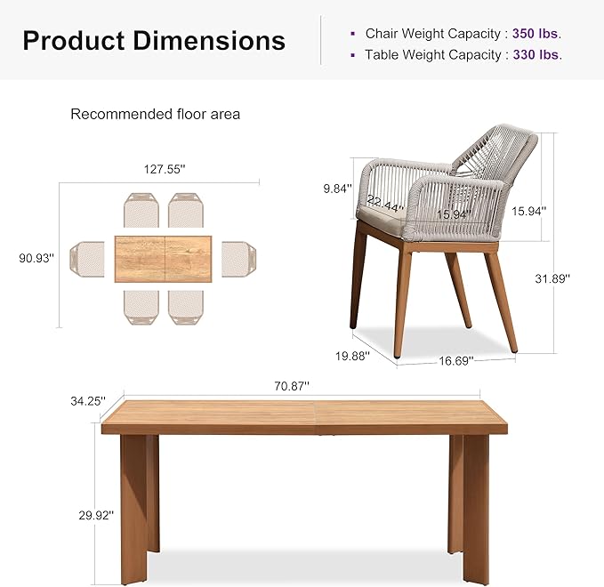 PURPLE LEAF 7 Pieces Patio Dining Set Aluminum Rectangular Table and Rattan Arm Chairs with Cushions for Kitchen Porch Garden Modern Outdoor Furniture Sets