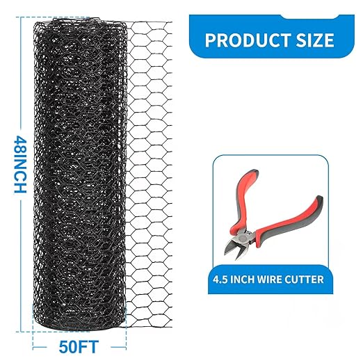 1/2 Inch Black Wire Mesh Roll - 48'' x 50' Chicken Wire Fence, 21 Gauge Hardware Cloth Poultry Netting for Garden/Animal Barrier/Rabbit/Floral/Chicken Coop/DIY Projects