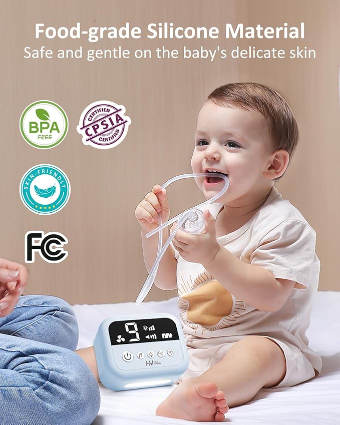 HEYVALUE Nasal Aspirator for Baby, Hospital Grade Nose Sucker with 9 Levels Suction, Night Light and Nursery Rhyme Soothing, Electric Nose Suction for Baby with Food-Grade Silicone Tips Blue