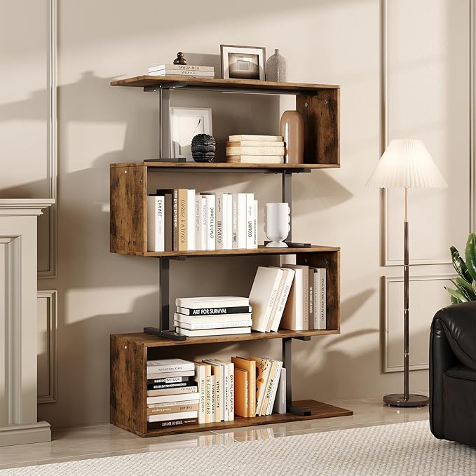 5-Tier Geometric Bookshelf, S Shaped Bookcase, 31.5" W x 58.3" H Wood Decorative Storage Shelving, Modern Freestanding Display Shelves, Tall Book Shelf Unit for Living Room Bedroom