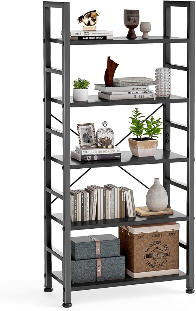 DUMOS 5 Tiers Bookshelf, Classical Book Shelf, Tall Display Shelves in Living Room/Home/Office, Storage Organizer for CDs/Books/Movies, Modern Black