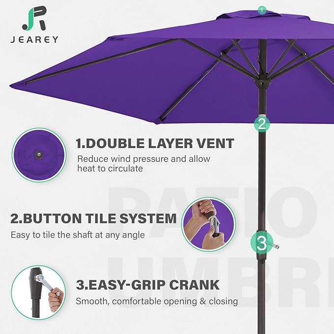 JEAREY 7.5FT Patio Umbrella Market Table Umbrella with 6 Sturdy Ribs, Push Button Tilt/Crank Outdoor Umbrella for Garden, Deck, Backyard, Pool and Beach,Dark Purple