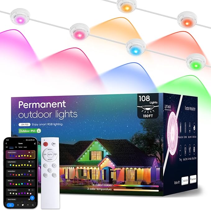 Permanent Outdoor Lights Pro, 150ft with 108 RGB LED Lights for Daily and Accent Lighting,IP65 Waterproof Smart Eaves String Lights with App & Remote,Rainbow Light for Halloween,Christmas-150FT