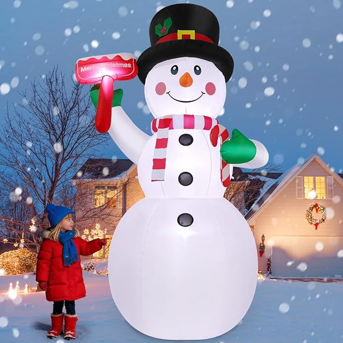 GOOSH 10.3 FT Christmas Inflatables Snowman Outdoor Decoration Blow Up Holds a Red Sign with Built-in LEDs for Garden Lawn Indoor Party Decor