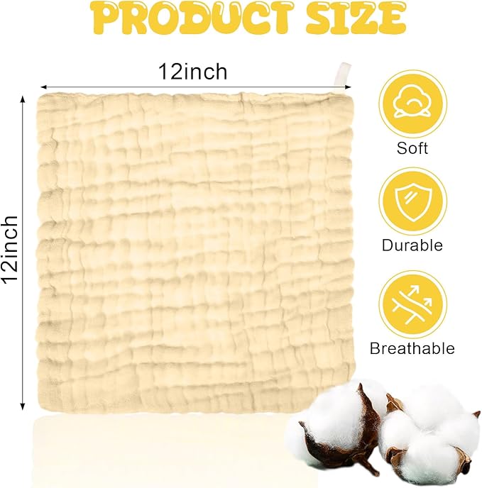 Breling 20 Pcs Baby Muslin Washcloth 12 x 12 Inch 100% Cotton Soft and Absorbent Muslin Washcloth Burp Cloth Wipe Newborn Face Towel for Baby Boy Girl Sensitive Skin(White, Light Yellow, Yellow)