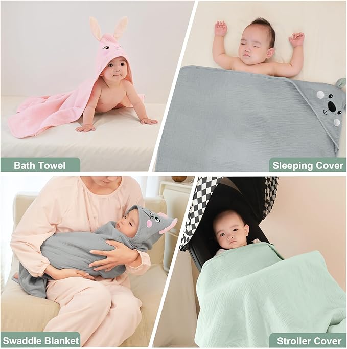 FIOBEE Hooded Baby Towels 100% Muslin Baby Bath Towels for Newborn with Animal Design Ultra-Soft and Absorbent Bath Essentials for Toddler, Unisex Girls Boys 30 x 30 inch, Gray Bear
