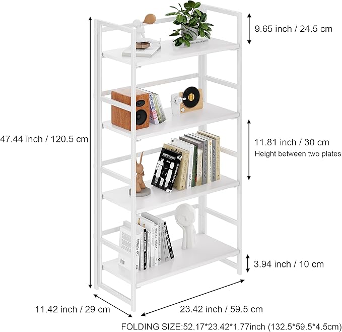 BHG Vintage Multifunctional Folding Bookshelf, No-Assembly Plant Stand Storage Rack Shelves for Home Office (All White, 4-Tier)