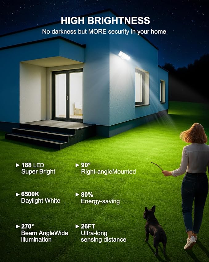 Motion Sensor Outdoor Light, 188 LED 4200LM Flood Lights Outdoor, 6500K Daylight, 3 Modes with Remote Control, IP65 Waterproof, Adjustable Heads, Hardwired 120V for Garage, Yard, Porch, 1 Pack White