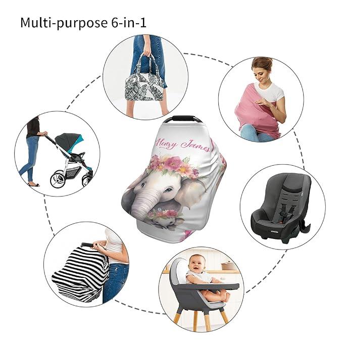 Personalized Car Seat Covers with Name, Elephant Baby Canopy Carrier Cover, Breathable Breastfeeding Nursing Cover, Stretchy Multi-Use Infant Carseat Stroller Cover