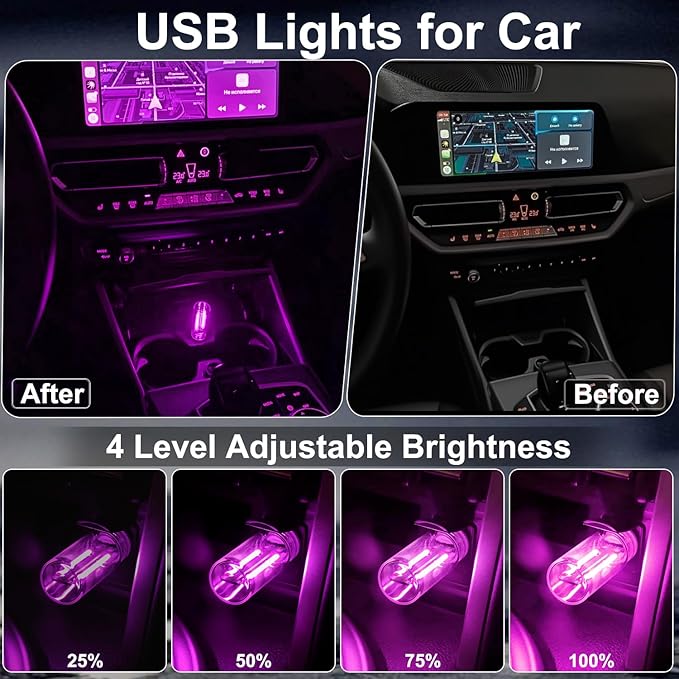 2 PCS Car USB Lights, Plug-in Retro Car Atmosphere Lamp with Touch Dimmable, Portable Mini Glass Bottle LED Bulb Night Lights for Vehicle Bedroom Hallway Camping Holiday Decoration (Purple)