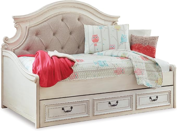 Signature Design by Ashley Realyn Traditional Upholstered Tufted Twin Platform Daybed with 1 Large Drawer, Foundation or Box Spring Not Needed, White & Beige