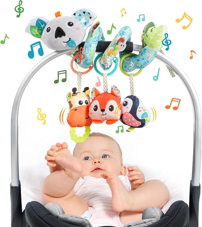 Jollybaby Crib Stroller Car Seat Toys for Baby 0-3-6-9-12 Months, Tummy Time Hanging Sensory Toys for Newborn with Music Box and Teether, Spiral Carseat Toy for Infant Boys Girls Gifts (Grey)