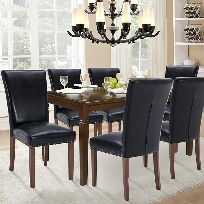 Parsons Dining Chairs Set of 2, Upholstered Nailhead PU Leather Dining Room Kitchen Side Chair with Thick Cushions and Wood Legs, Black