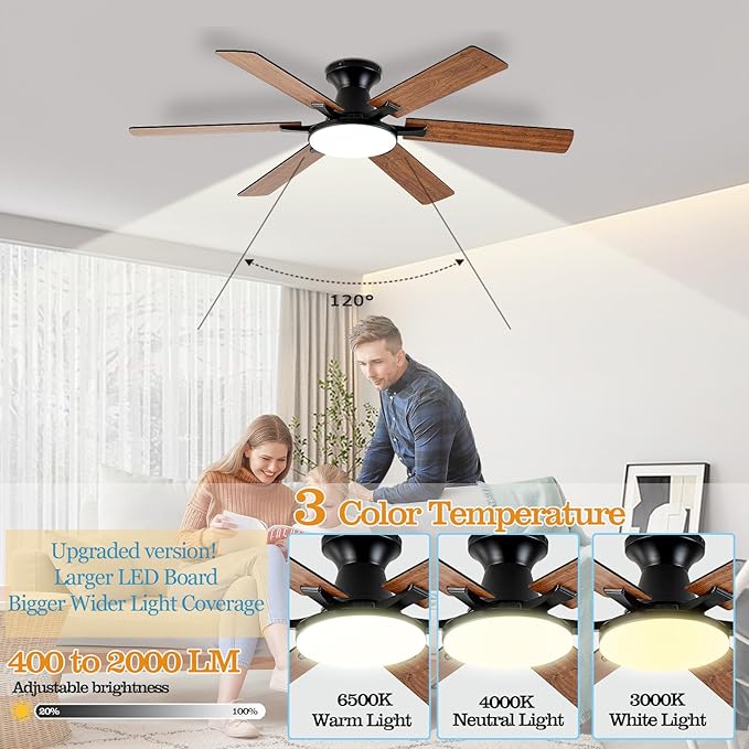 Ceiling Fans with Lights,54 Inch Low Profile Ceiling Fan with Light and Remote Control,6 Speeds/6 Blade,Flush Mount,LED Dimmable DC Reversible Modern, Brown Ceiling Fan for Bedroom/Living Room