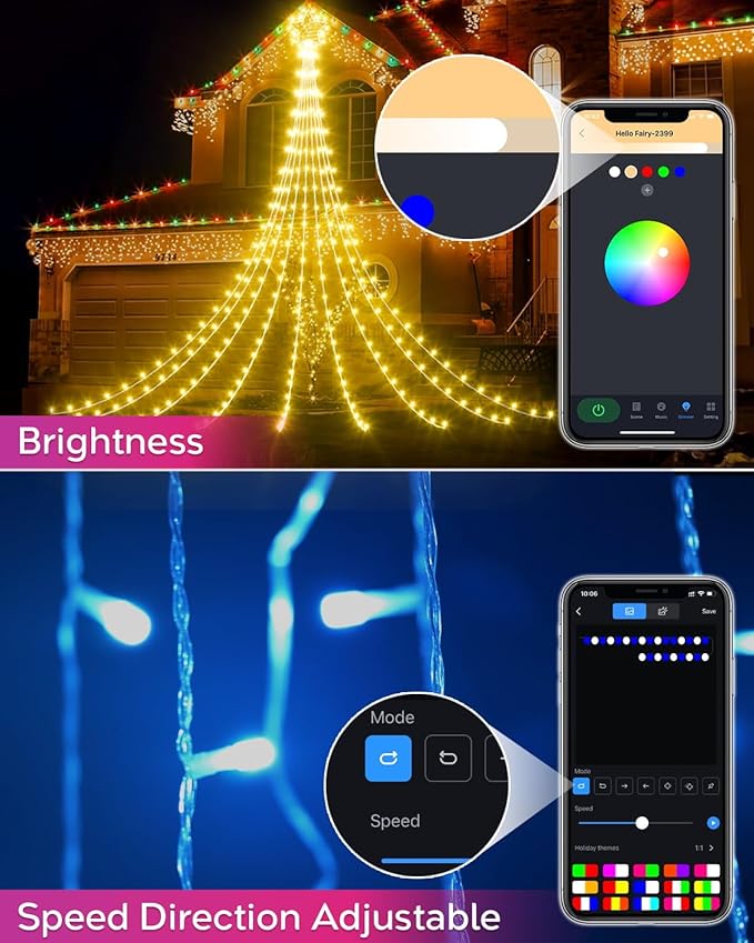 Avatar Controls Smart Outside Christmas Tree Lights for Yard, 16.5FT DIY Color Changing Star Waterfall Lights App Control Music Sync, Timer, Christams Decoations Light Plug in for Outside Xmas Home