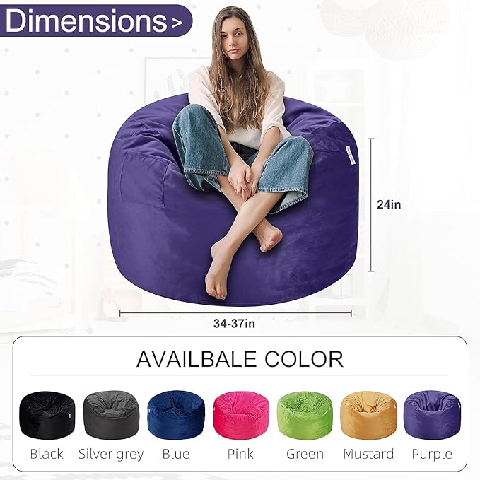 HABUTWAY Bean Bag Chair 3Ft Luxurious Velvet Ultra Soft Fur with High Rebound Memory Foam Bean Bag Chairs for Adults Plush Lazy Sofa with Fluffy Removable Sponge 3' (Purple)