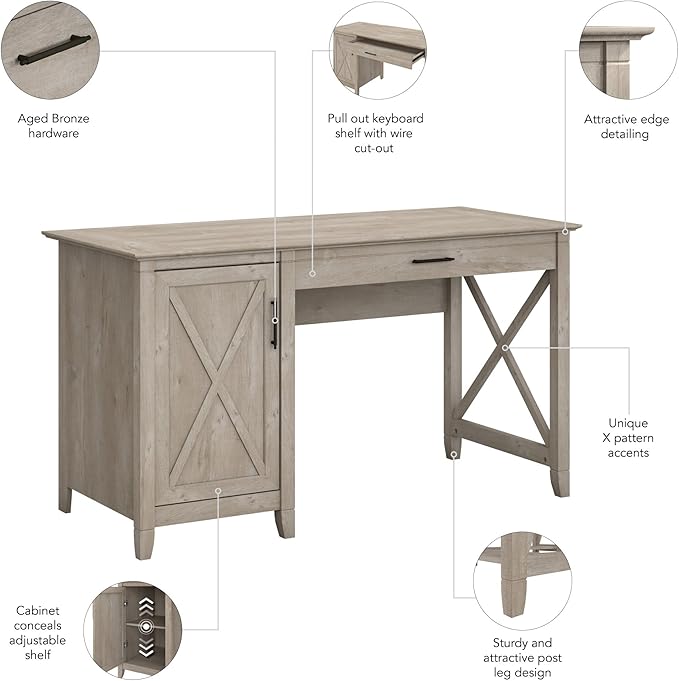 Bush Furniture Key West Computer Desk Farmhouse PC Table for Home Office, 54W w/Storage, Washed Gray