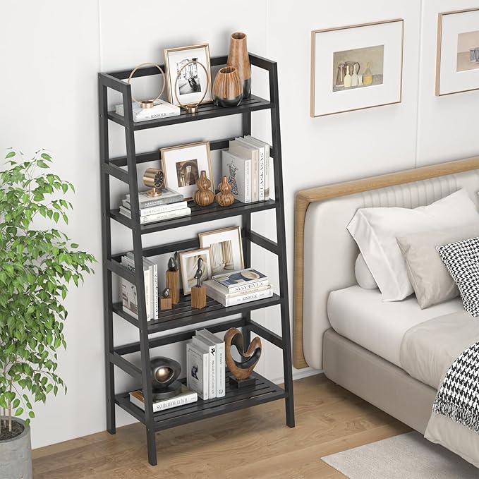 Homykic Bamboo Bookshelf 4-Tier Ladder Shelf, 49.2” Freestanding Open Bookcase Book Shelf Bathroom Storage Shelf Unit Plant Stand for Small Space, Living Room, Bedroom, Home Office, Black