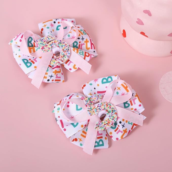 3.5in Glittery Happy Birthday Ribbon Hair Bow Clips for Teens Toddler Girls Pink Sprinkle Confetti Ice Cream Party Dress Pigtail Decoration Accessories for Kids 5th Birthday