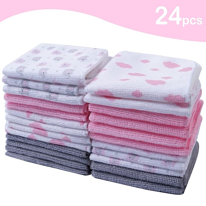 Viviland Baby Washcloths, 24Pack Baby Towels for Newborn, Baby Girl Wash Cloths, and Infant Bath Face Washcloths Soft Absorbent, Gentle on Sensitive Skin Body, 9x9 Pink Elephant
