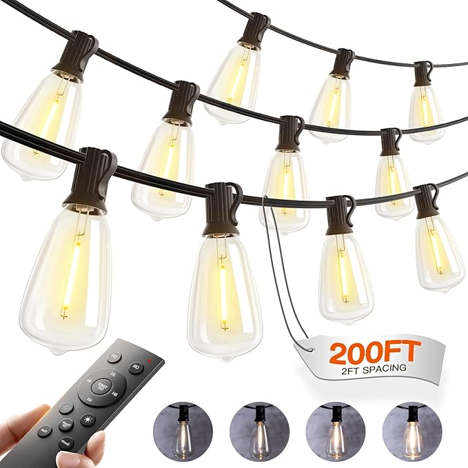 addlon 200FT(50FT*4) Outdoor String Lights with Remote,Waterproof Patio Lights with 108 Shatterproof Dimmable ST38 LED Bulbs Connectable Outdoor Lighting for Backyard Bistro Garden Bistro 2FT Spacing