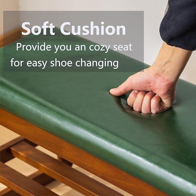 Solid Wood Shoe Bench, 2-Tier Entryway Bench with Cushion and Flip-Open Storage Box, Mid-Century Modern Shoe Bench Rack for Hallway, Mudroom(Green, 21.65'')