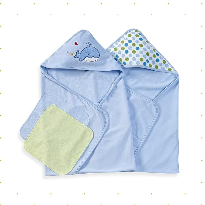 Spasilk Bath Hooded Towels & Washcloths Set for Babies, 2 Hooded Terry Bath Towels & 2 Washcloths, Blue Whale