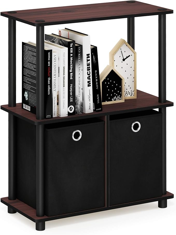Furinno Go Green 3-Tier Multipurpose Storage Shelf with Bins, Dark Cherry/Black