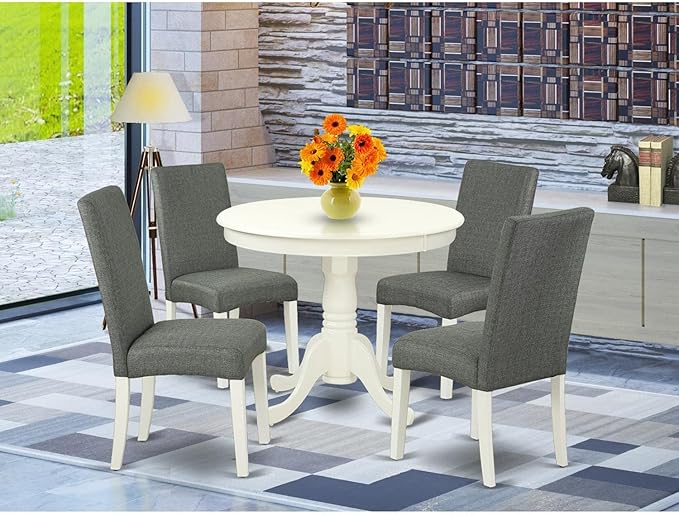 East West Furniture ANDR5-LWH-07 5 Piece Dinette Set for 4 Includes a Round Kitchen Table with Pedestal and 4 Gray Linen Fabric Parson Dining Room Chairs, 36x36 Inch, Linen White