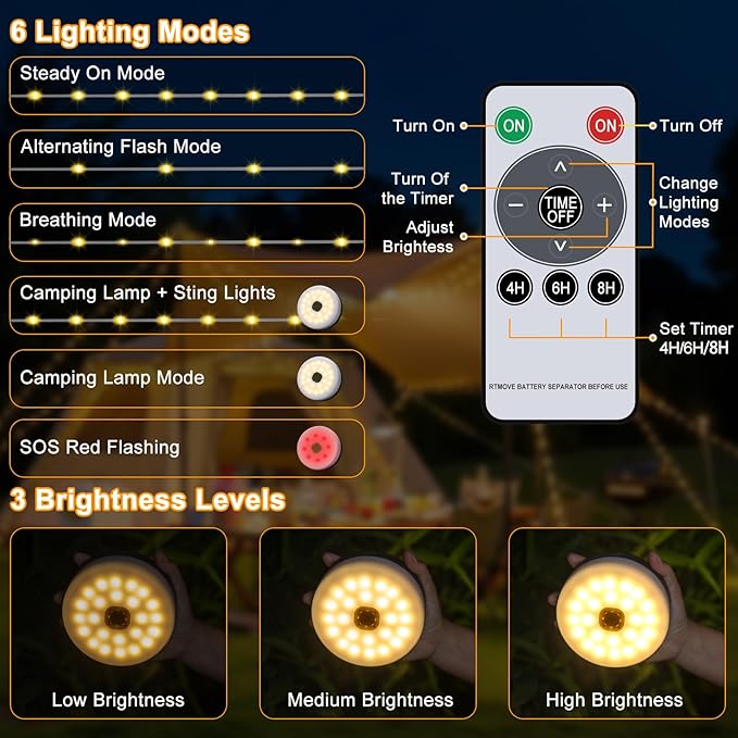 Camping String Lights, 4 in 1 Portable Camping Lights Rechargeable with 8 Lighting Modes, Remote Control, Quick Storage, 33FT Waterproof Tent Lights for Hiking, Yard, Party, Christmas Decor