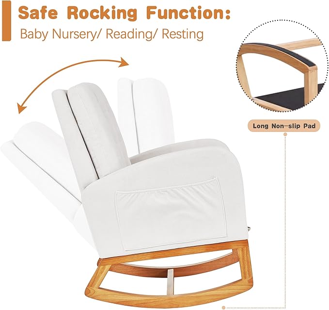 VECELO Rocking Chair Nursery, Modern Sherpa Glider Rocker Accent Arm Chair with High Back and Side Pocket, Cozy Rocking Armchair for LivingRoom, Bedroom, White