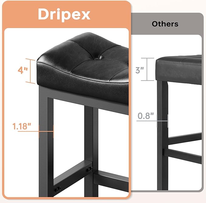 Dripex Backless Saddle Bar Stools Set of 3, Modern Faux Leather 24'' Counter Height Barstools with 4" Thick Seats & Heavy Duty Metal Legs, for Kitchen Island, Bar, Dining Room, Black