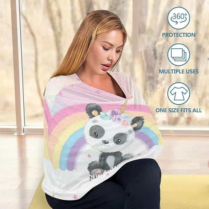 Personalized Rainbow Cute Panda Baby Car Seat Covers for Girls Boys, Customized Multiuse Carseat Canopy with Name, Multiuse Nursing Cover Breastfeeding Scarf, Infant Stroller Cover