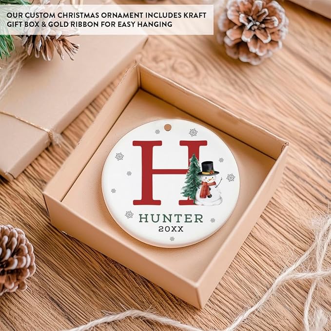 Andaz Press Personalized Ornament, Custom Name, Initial H Monogram Snowman 2.8" Ceramic Porcelain 2025 Christmas Ornament Keepsake for Kids, Boys, Girls, Initial Ornaments Monogram Ornaments 1-Pack