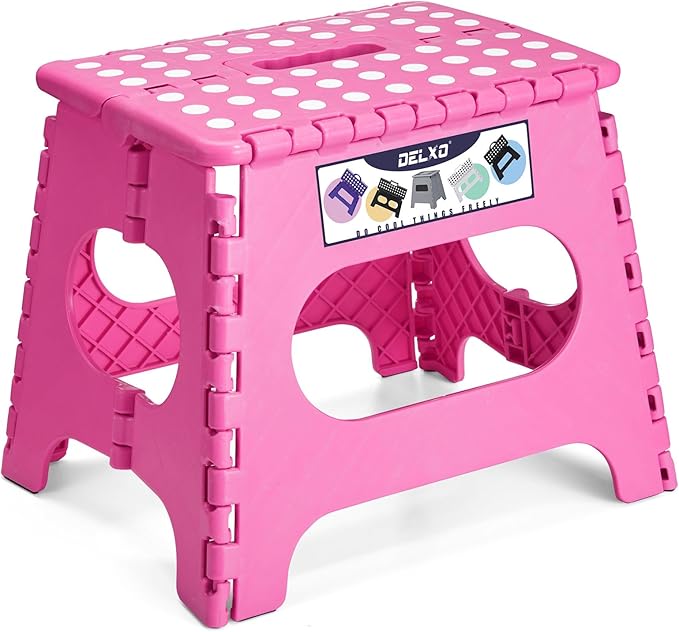Delxo Folding Step Stool,11 Inch Non-Slip Foldable Step Stools for Kids and Adult,Portable Lightweight Small Folding Stool with Handle for Kitchen Bathroom in Pink,1 Pack