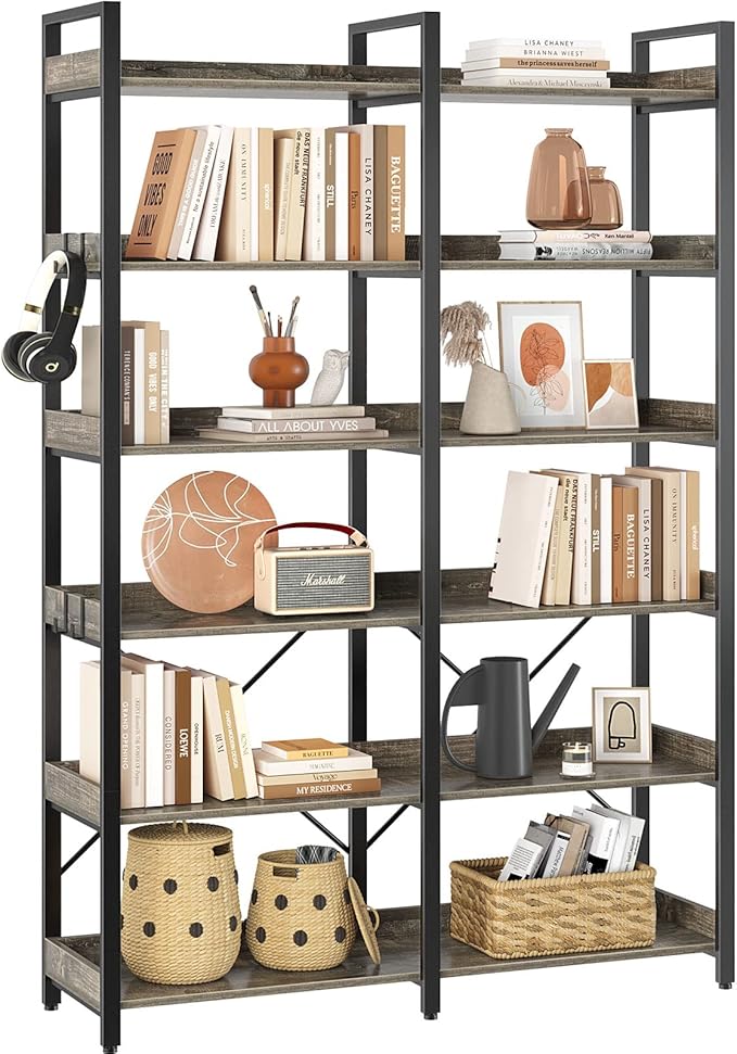 Seventable Bookshelf 6 Tier with 4 Hooks，67”Industrial Wooden Bookcase, Vintage Storage Rack with Open Shelves, Rustic Standing Bookshelves Metal Frame 43.3” Wide Display Rack, Gray