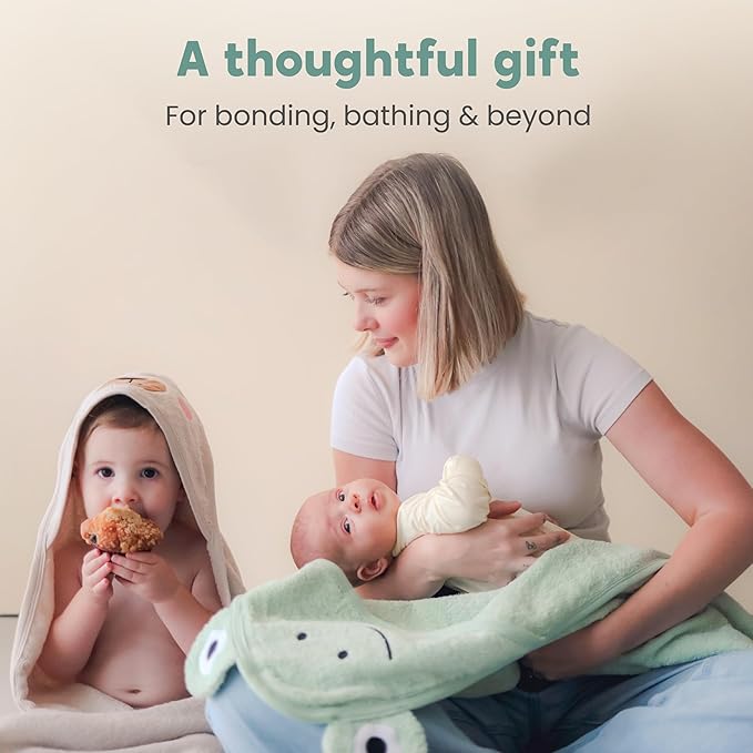 CuddleBug Premium Hooded Baby Bath Towel & Washcloth Set (Bear) - 100% Cotton Terrycloth Hooded Baby Towels for Newborn & Toddler - Super-Soft & Absorbent, Newborn Essentials (33" x 33") - Honey Beige