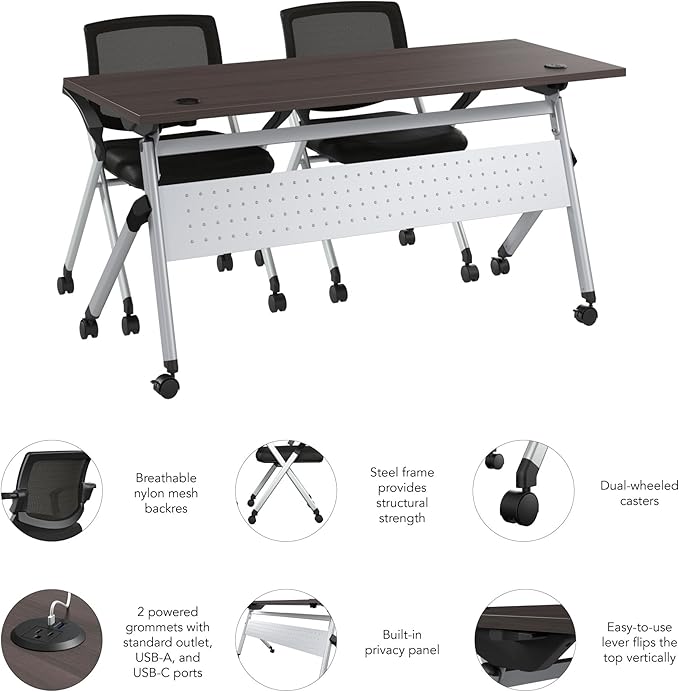 Bush Business Furniture Folding Training Table Set for 2, 60 inch Desk with Powered Grommets and 2 Chairs with Arms, Commercial-Grade Bundle for Office or Classroom, Envision Collection, Gray