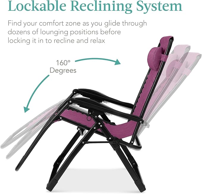 Best Choice Products Oversized Zero Gravity Chair, Folding Outdoor Patio Recliner, XL Anti Gravity Lounger w/Removable Cushion, Cup Holder, Side Tray, 350lb Capacity - Amethyst Purple
