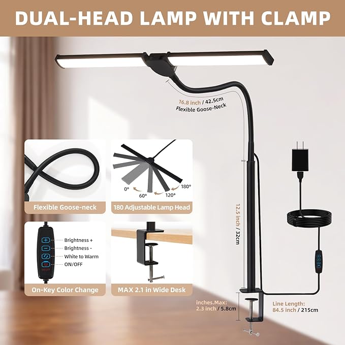 Voncerus LED Desk Lamp for Home Office, Double Head Architect Light with Clamp, Computer Monitor Clip on Light, 3 Modes and 10 Brightness, Adjustable Flexible Goose-Neck, Table Task Lamp, Black