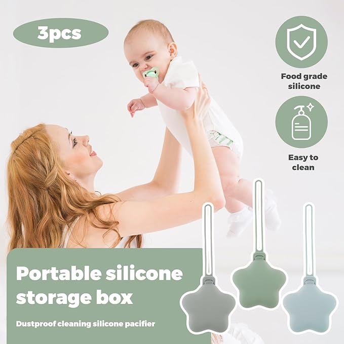 3Pcs Pacifier Holder Case, Safe and Soft Material Pacifier Pouch, Food Grade Silicone Pacifier Case, Star Shape, Protective Pacifier Storage Case for Diaper Bag Stroller (Style 2)