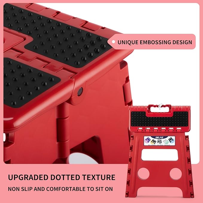Delxo Folding Step Stool,Non-Slip Stool 13 inch Height Premium Heavy Duty Foldable Stool for Kids and Adults,Kitchen Garden Bathroom Steppingstool 1 Pack in Red,Dotted Texture