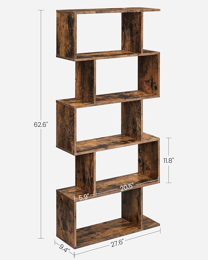 VASAGLE Bookcase, 5-Tier Bookshelf, Display Shelf and Room Divider, Freestanding Decorative Storage Shelving, Rustic Brown ULBC62BX, 27.6”L x 9.4”W x 62.6”H (70 x 24 x 159 cm)